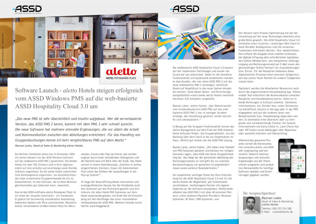 Case Study über den Launch der ASSD Hospitality Cloud 3.0 im aletto hotel Potsdamer Platz und aletto hotel Kudamm