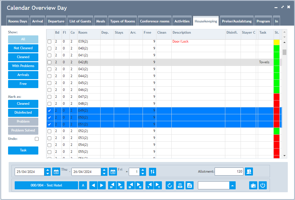 ASSD PMS Housekeeping App within the Calender Overview Day